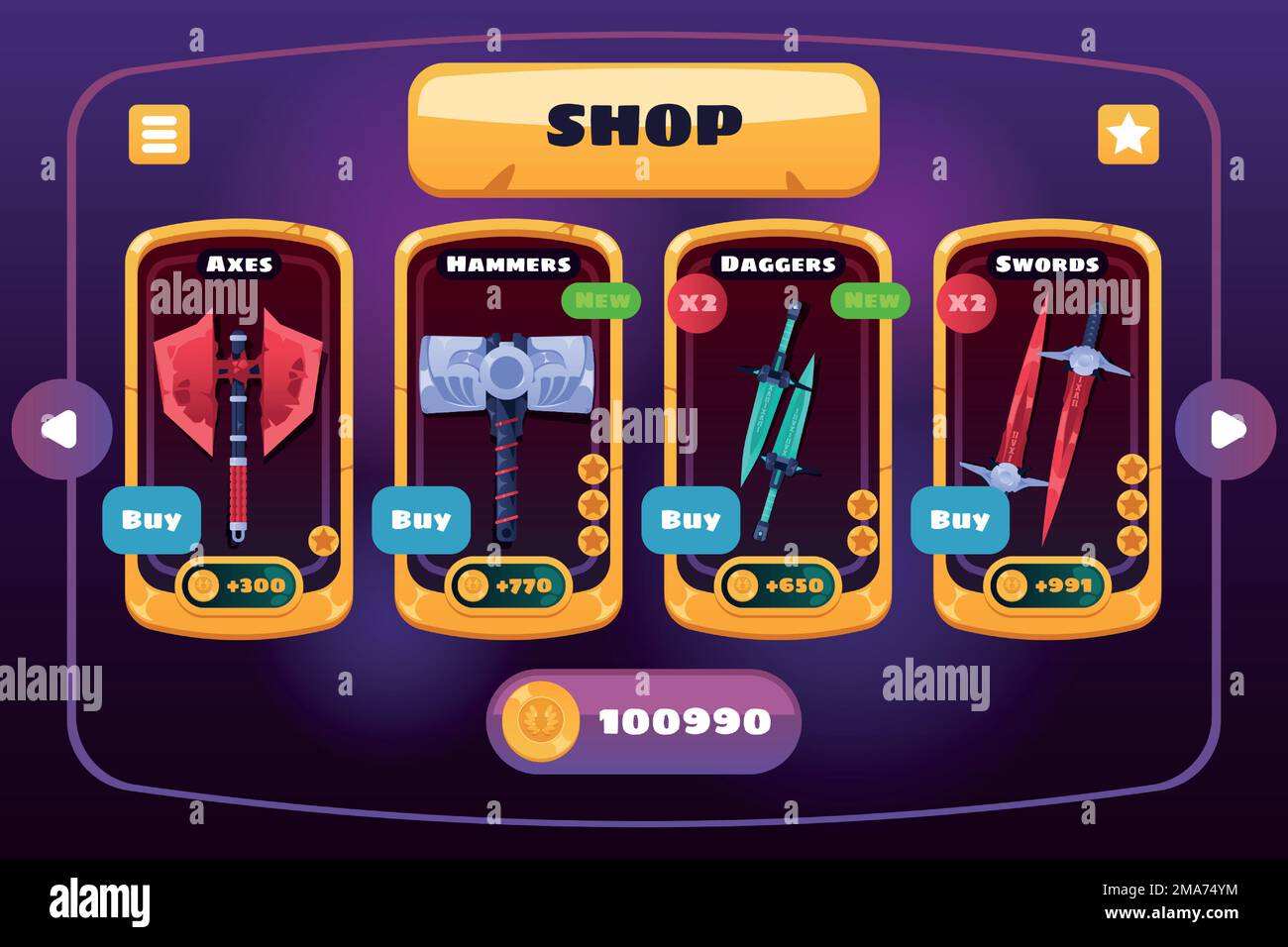 Boutique d'armes de jeu. FANTASY rpg store menu panel avec épée médiévale AX dagger équipement et prix, UI cadre de jeu de rôle concept. Illustration vectorielle Illustration de Vecteur