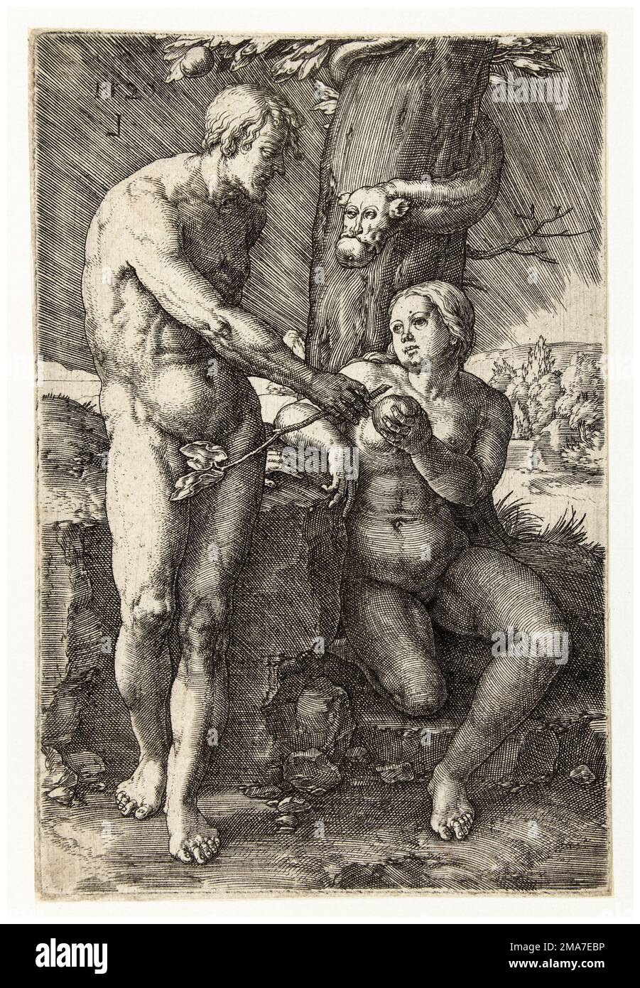 Lucas van Leyden, l'automne, Eve remet la pomme à Adam, (Adam et Eve), gravure en copperplate, 1529 Banque D'Images