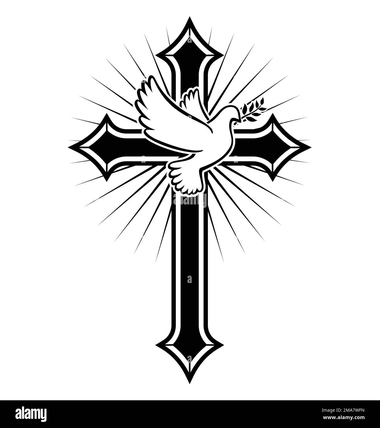 Belle croix chrétienne gothique avec colombe de la tourbière et la branche d'olive crucifix vecteur isolé sur fond blanc Illustration de Vecteur