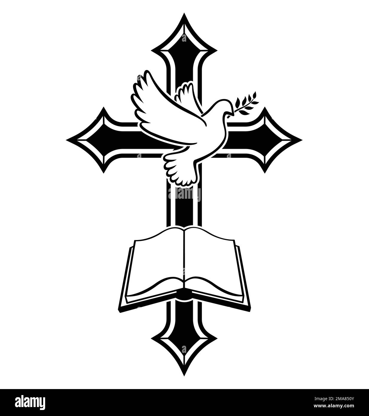 Belle croix chrétienne avec paix colombe et ouvert bible livre Crucifix vecteur isolé sur fond blanc Illustration de Vecteur