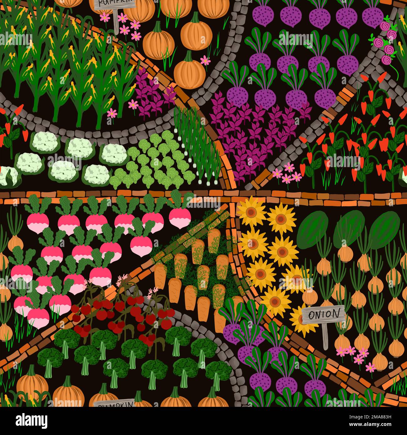 Texture du jardin. Motif de jardinage sans couture. Plan de jardin et de potager. Légumes dans le jardin Illustration de Vecteur