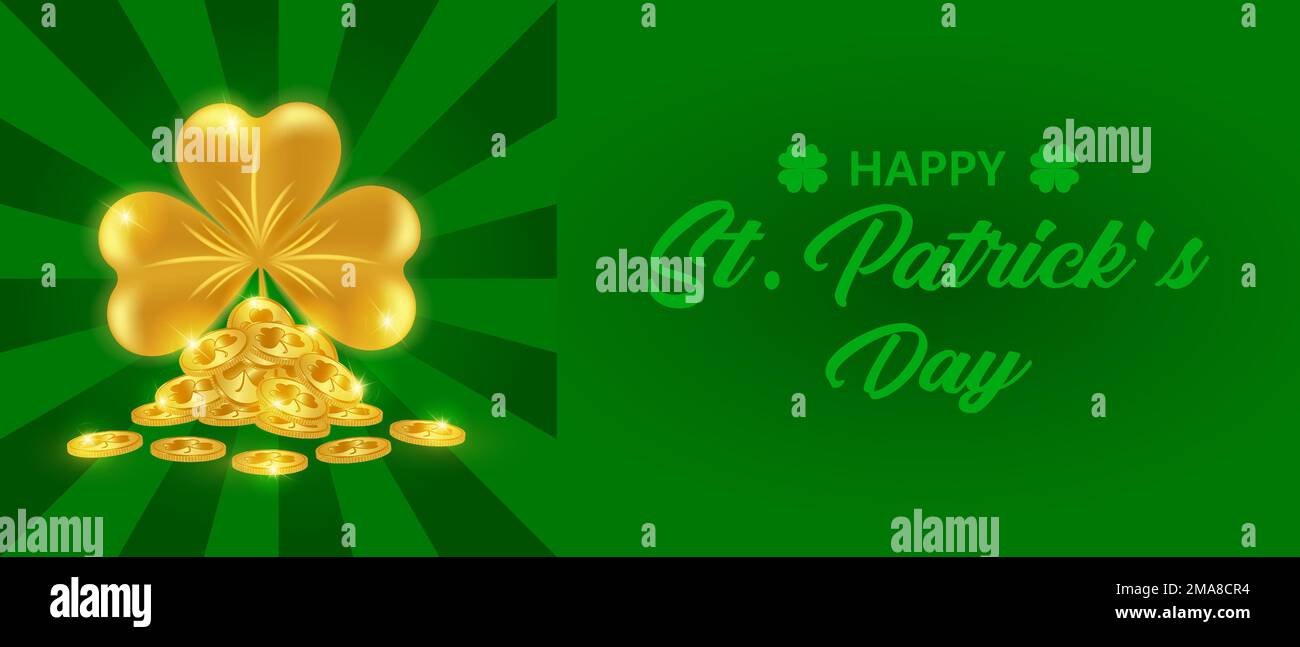 Ambiance festive Happy St. Patrick. Motif de salutation pour carte postale, bannière, affiche. Trèfle de feuilles dorées avec pièces brillantes dorées. Vecteur Illustration de Vecteur