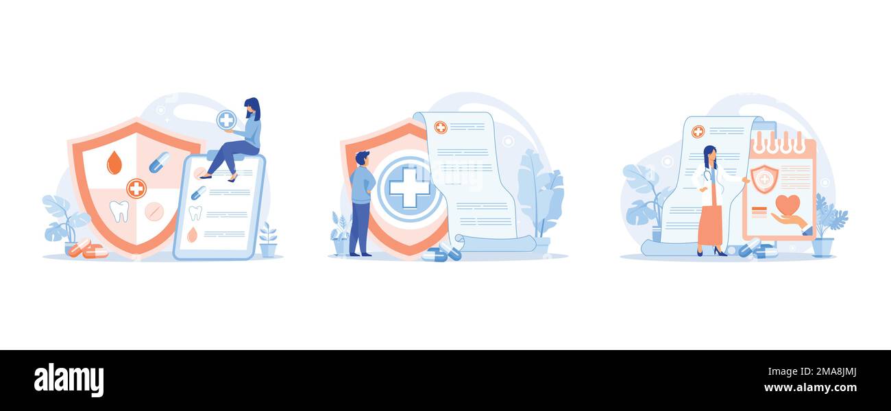 Programme de soins de santé , services médicaux en ligne, médecine de protection. Assurance médicale, services hospitaliers, contrôle préventif, certificat de congé de maladie Illustration de Vecteur