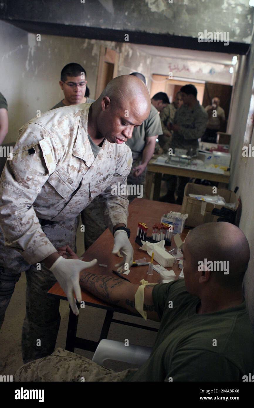 060408-M-8205V-012. [Complete] Scene Caption: US Navy (USN) Hospital Corpsman First Class (HM1) Samuel Cox, technicien en médecine préventive affecté à la station d'aide du bataillon, quartier général et compagnie de services, 1st Bataillon, 1st Marine Regiment, équipe de combat régimentaire cinq (RCT- 5), Tire du sang d'une Marine du corps des Marines des États-Unis (USMC) à la base opérationnelle avancée (FOB) Abu Ghurayb (Abu Ghraib). Le RCT-5 est déployé avec la première force expéditionnaire maritime (I MEF), Forward déployé (FWD), à l'appui de l'opération LIBERTÉ IRAQUIENNE, dans la province d'Al Anbar en Irak, Forces multinationales de l'Ouest (MNF-W), à de Banque D'Images