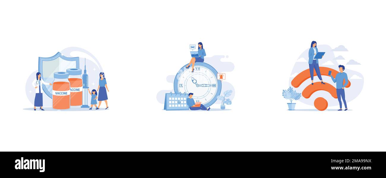 Concept abstrait de l'éducation de vaccination, concept abstrait de gestion du temps , hotspot Wi fi public, illustration moderne à vecteur plat Illustration de Vecteur