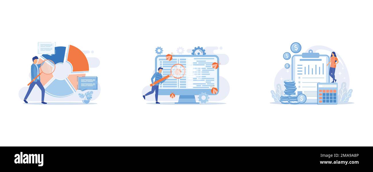 Analyse statistique, test logiciel, icône web de dessin animé de bilan, illustration moderne de vecteur plat Illustration de Vecteur