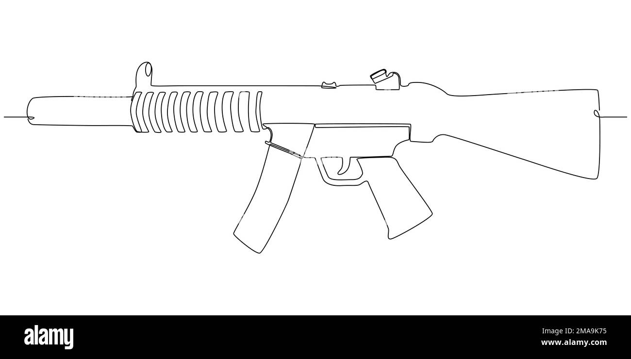 Une ligne continue de mitrailleuse. Concept de vecteur d'illustration à trait fin. Dessin de contour idées créatives. Illustration de Vecteur