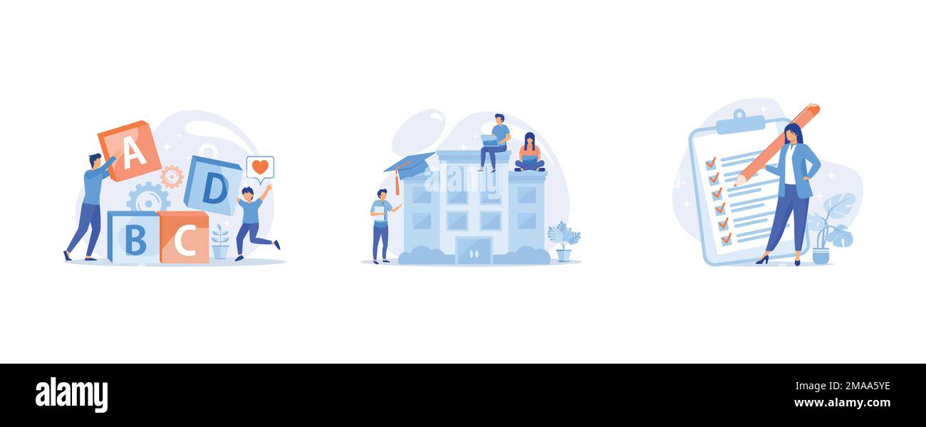 Enseignement primaire, personnes étudiant à distance, apprentissage en ligne, gestion de projet, réalisation d'objectifs, liste des tâches, définissez l'illustration moderne à vecteur plat Illustration de Vecteur