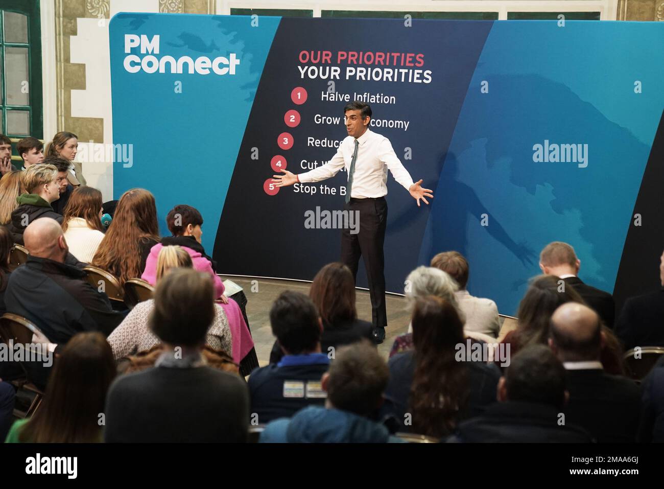 Le Premier ministre Rishi Sunak prend la parole lors d'une session de questions-Réponses à la plate-forme de Morecambe, dans le Lancashire, à la suite d'une visite de la communauté au projet Eden Nord. M. Sunak a réitéré son engagement à procéder à une mise à niveau alors que le gouvernement a annoncé £2 milliards de dollars pour plus de 100 projets dans tout le Royaume-Uni. Parmi les projets prévus pour le financement, on compte le projet Eden Nord à Morecambe, qui a reçu £50 millions pour le projet de régénération visant à transformer le front de mer de la ville du Lancashire. Date de la photo: Jeudi 19 janvier 2023. Banque D'Images