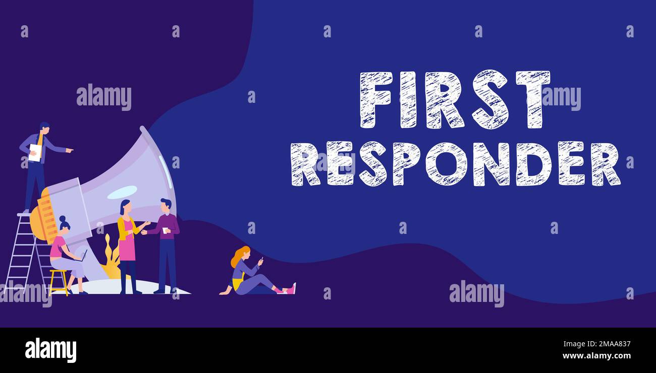 Affiche manuscrite pour les premiers répondants. Mot pour une personne qui est responsable d'aller immédiatement à l'accident Banque D'Images