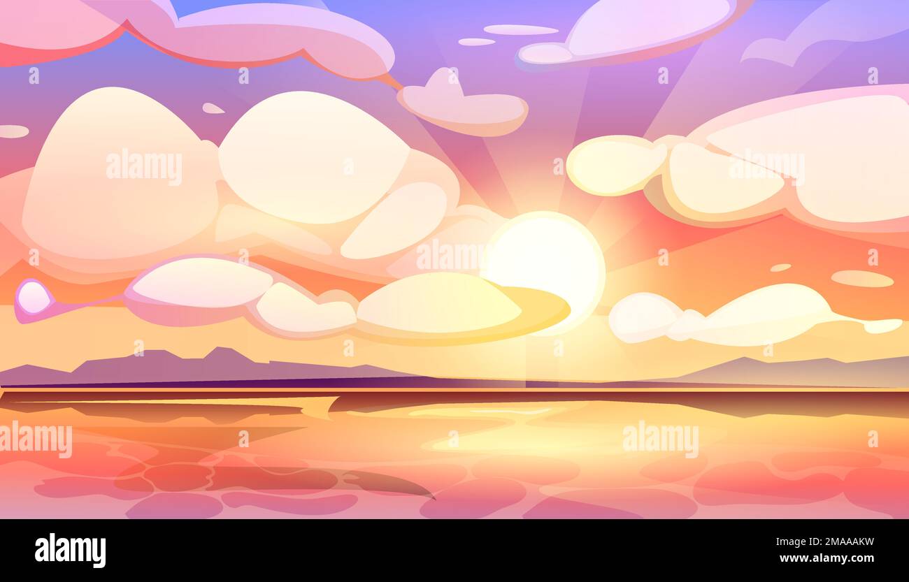 Dessin animé vectoriel de beau coucher de soleil ou lever de soleil dégradé ciel avec des nuages. Paysage d'été avec ciel nuageux, lumières solaires et soleil sur la mer. Illustration de Vecteur