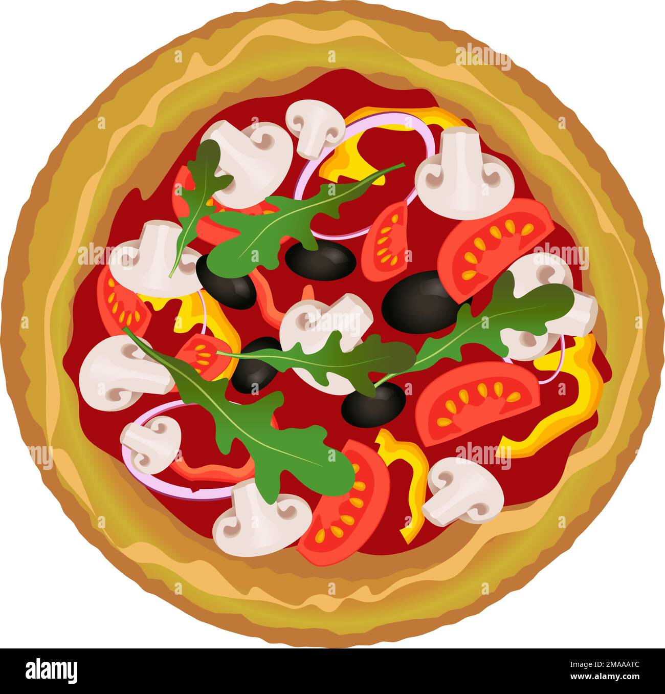Pizza réaliste avec oignon, tomate, olive, arugula, champignons dessin isolé de style plat sur un fond transparent Illustration de Vecteur