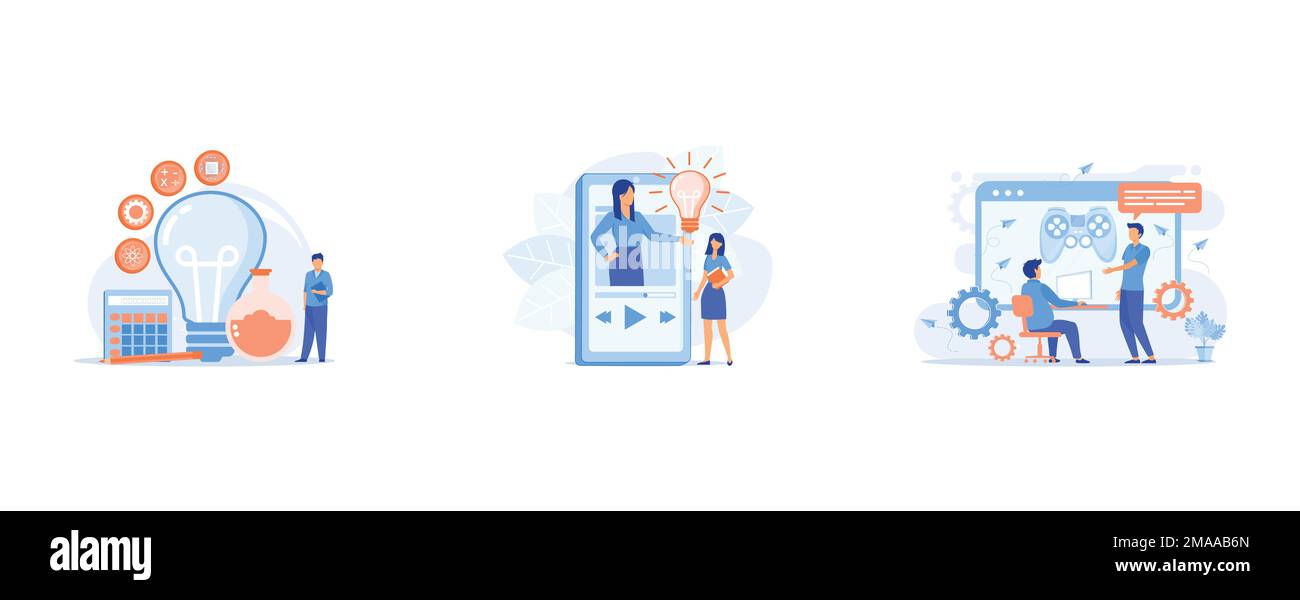 STEM Education model, Video tutorial Watching, International Business Partners video conférence, set Flat Vector Modern illustration Illustration de Vecteur