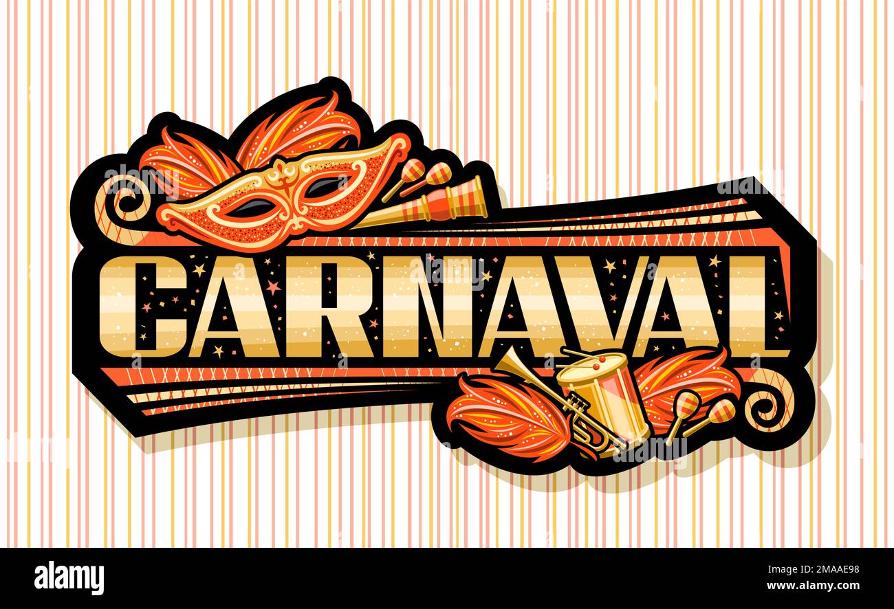 Bannière vectorielle pour Carnaval, balise horizontale sombre avec illustration de masque orange carnaval, instruments de musique, confetti décoratifs, brosse unique Illustration de Vecteur