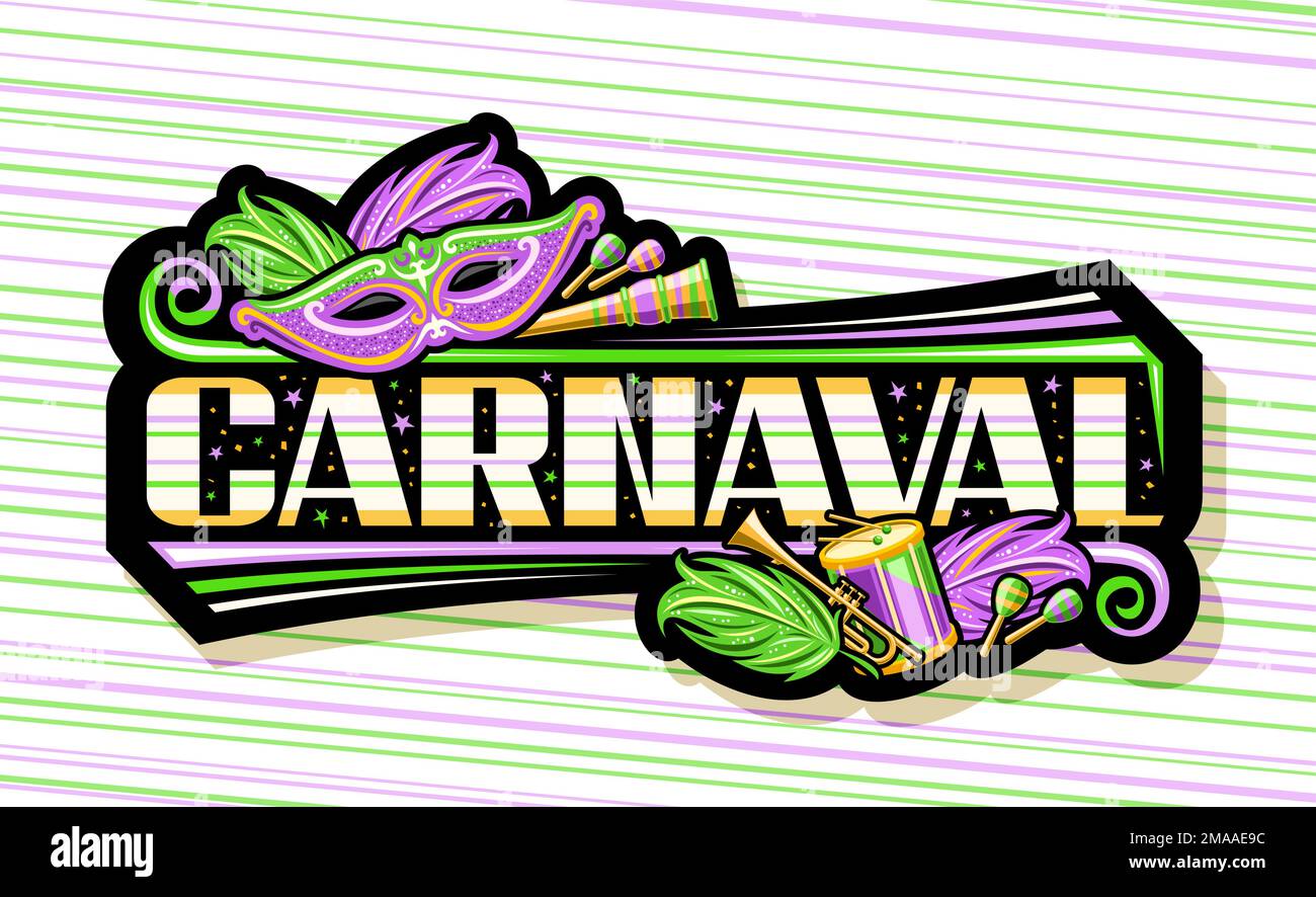 Bannière vectorielle pour Carnaval, signe horizontal noir avec des illustrations de Venise violet masque de carnaval, instruments de musique, confetti décoratifs et uniq Illustration de Vecteur