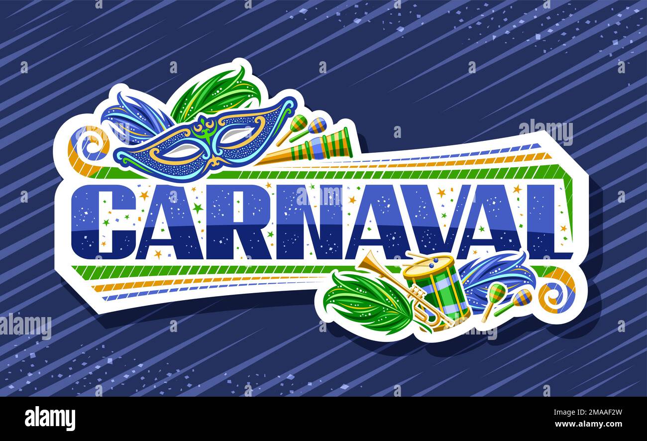 Bannière vectorielle pour Carnaval, badge horizontal blanc avec illustrations du masque de carnaval de venise, instruments de musique verts, confetti décoratifs et uniq Illustration de Vecteur