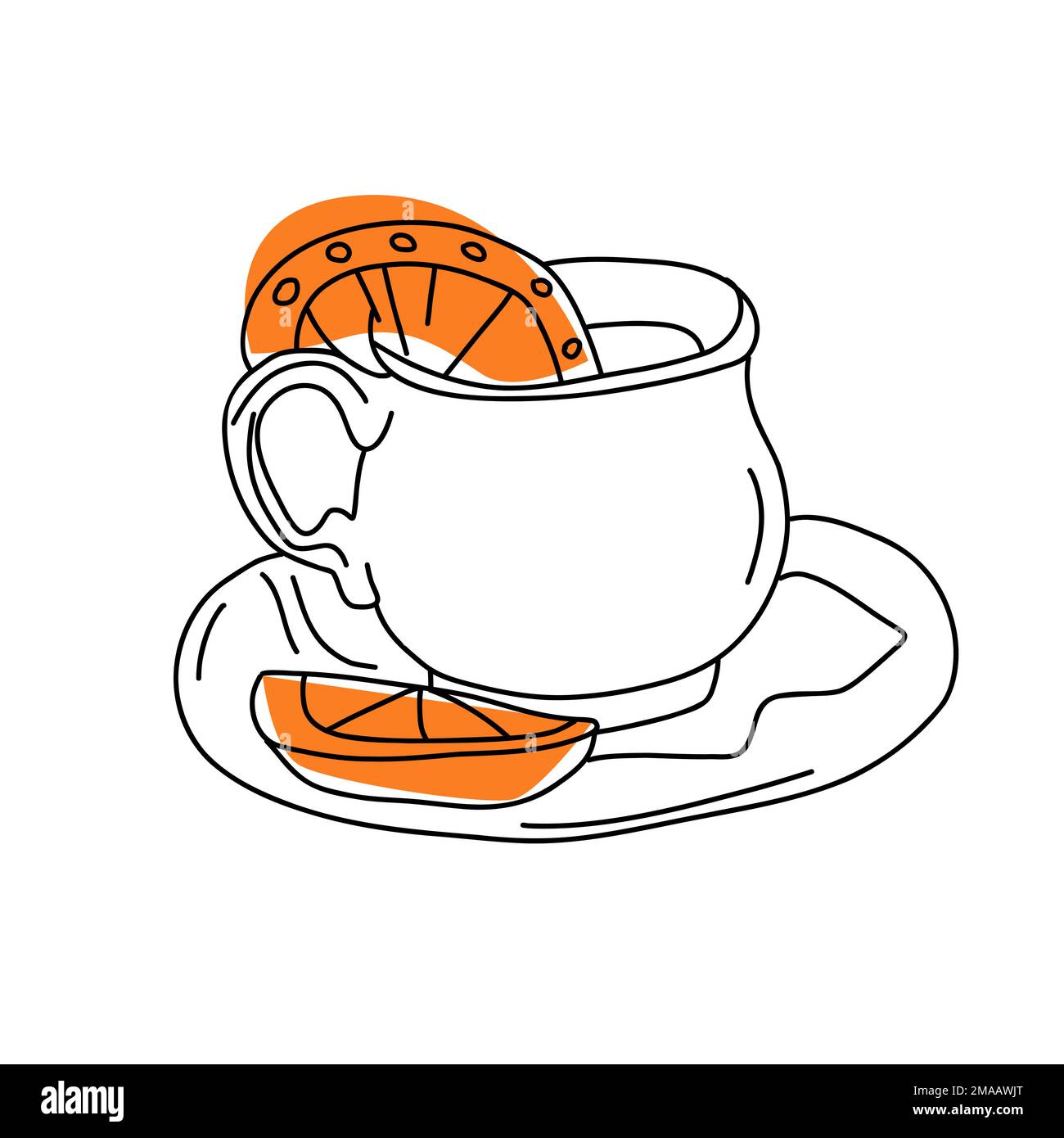 Tasse en céramique d'icône de vin chaud. Doodle de vin chaud avec des tranches d'orange ou de citron et des clous de girofle. Traditionnel Noël fête hiver boisson chaude. Style de contour simple tracé à la main. Illustration vectorielle. Illustration de Vecteur
