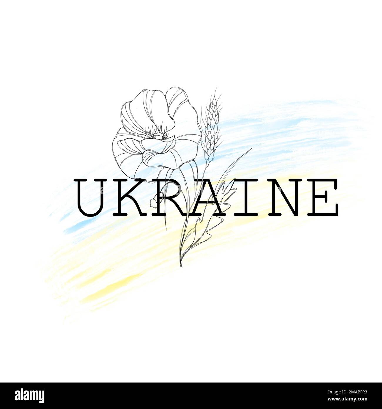 Arrêtez la guerre en Ukraine. Drapeau jaune-bleu ukrainien et fleur de pavot et épillet de blé. Gloire à l'Ukraine - tatouage patriotique au trait Banque D'Images