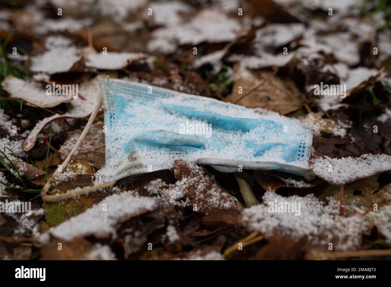 21.11.2022, Allemagne, , Berlin - Un pare-bouche Corona (Covid-19) recouvert de gel, utilisé et rejeté repose sur le sol au milieu des feuilles mortes. 0SL221121D003 Banque D'Images