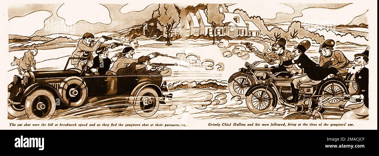 Une illustration de 1930s montrant une poursuite de voiture avec des gangsters armés dans une vieille voiture de voiture tirant à la poursuite de la police et des hommes de sheriffs, également armés, sur des motos Banque D'Images