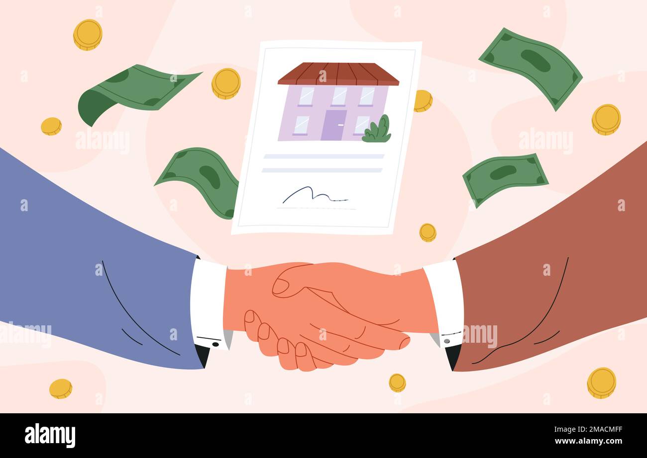 Contrat d'achat de biens immobiliers. Les gens se secouent la main après une vente de propriété. Illustration vectorielle de style plat Illustration de Vecteur