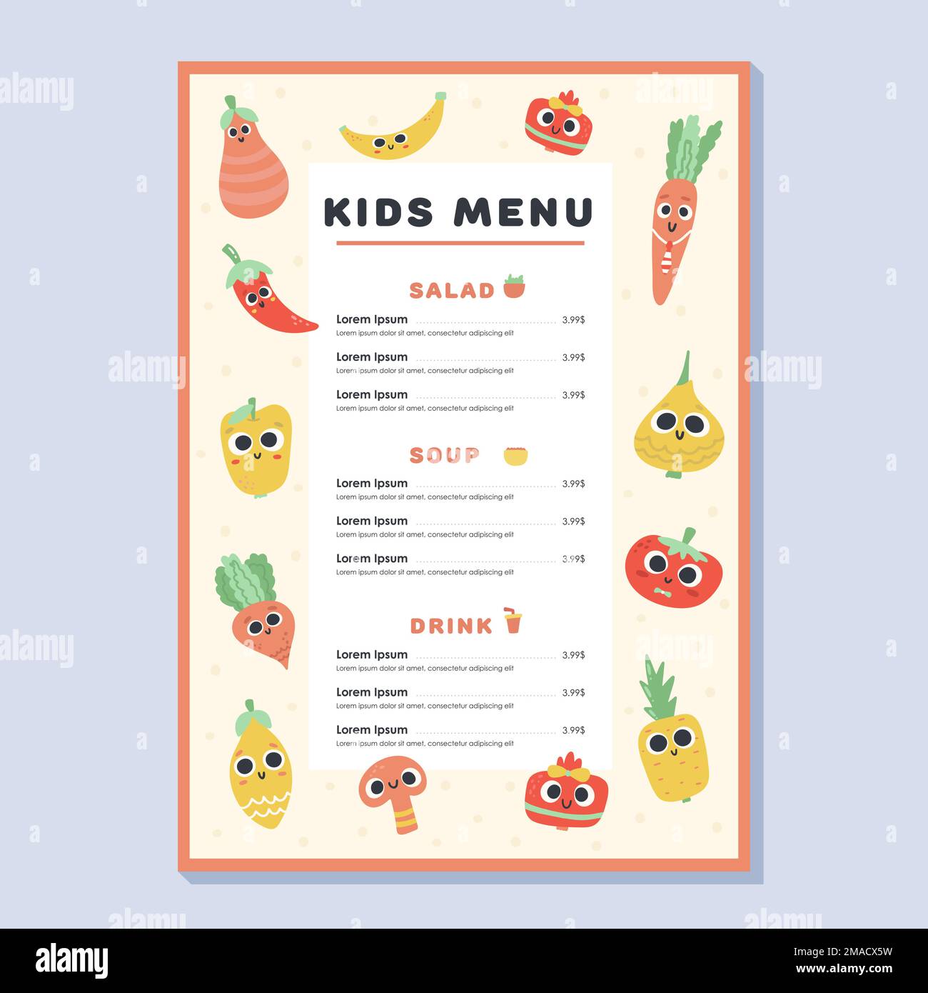 Menu enfants. Joli modèle vectoriel coloré dessiné à la main. Menu enfant pour fêtes, café. Légumes et fruits sains Illustration de Vecteur