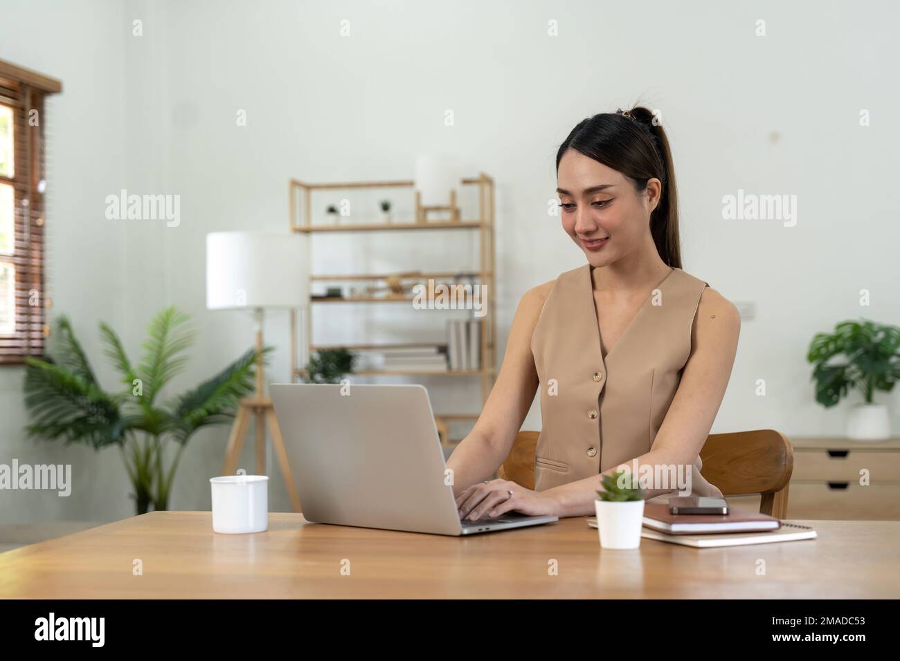 Femme asiatique heureuse utilisant un ordinateur portable à la maison. Banque D'Images