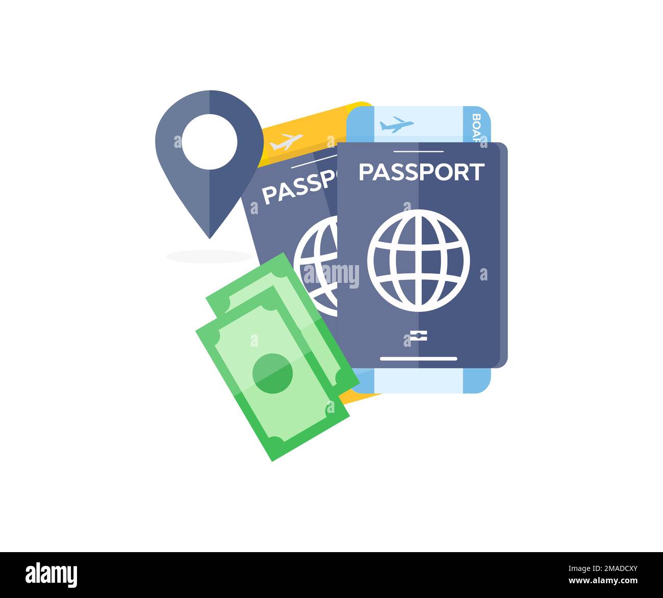 Design du logo « planification de vacances d'été ». Passeport avec coupon billet d'avion billet d'embarquement valise, argent, loisir tournée vacances concept été. Illustration de Vecteur