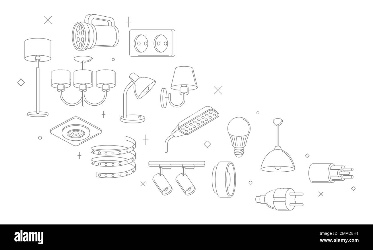 Arrière-plan avec éclairages et lampes électriques. Équipement électrique. Conception industrielle ou commerciale. Illustration de Vecteur