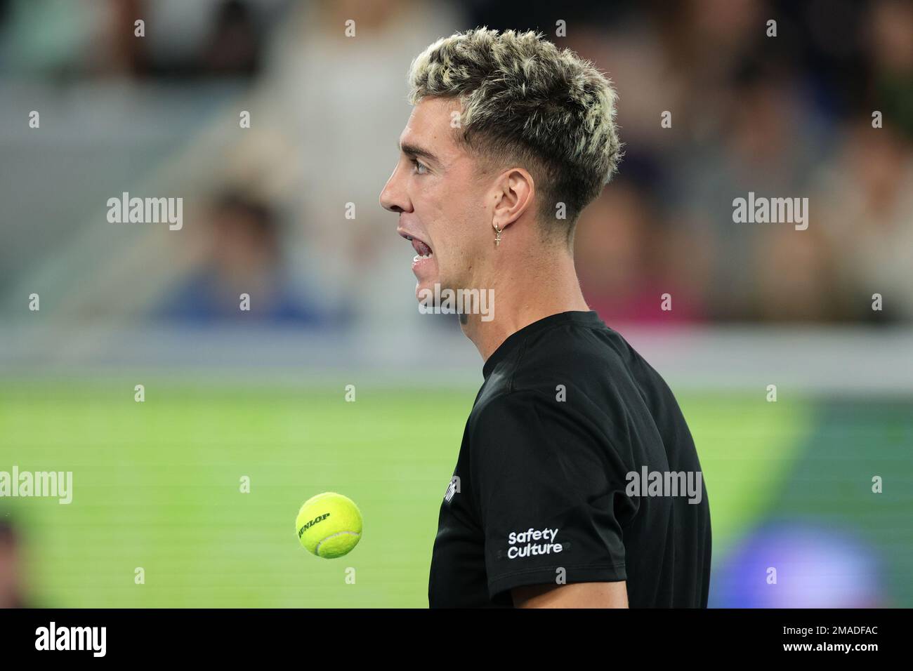 Thanasi Kokkinakis, de l'Australie, réagit lors du match de la série 2 entre Andy Murray, de Grande-Bretagne, et Thanasi Kokkinakis, de l'Australie, jour 4, à l'Open de tennis australien 2023, à la Margaret court Arena, Melbourne, en Australie, le 19 janvier 2023. Photo de Peter Dovgan. Utilisation éditoriale uniquement, licence requise pour une utilisation commerciale. Aucune utilisation dans les Paris, les jeux ou les publications d'un seul club/ligue/joueur. Banque D'Images