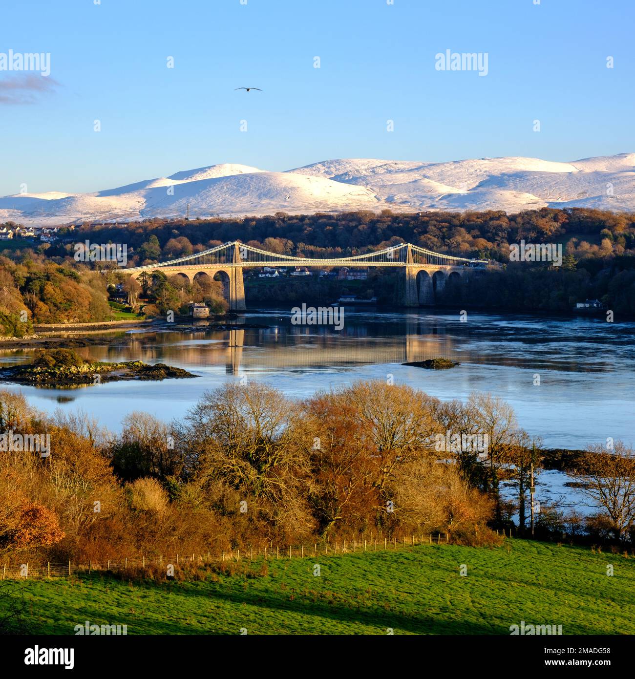 Le pont de menai avec des montagnes enneigées derrière. Banque D'Images