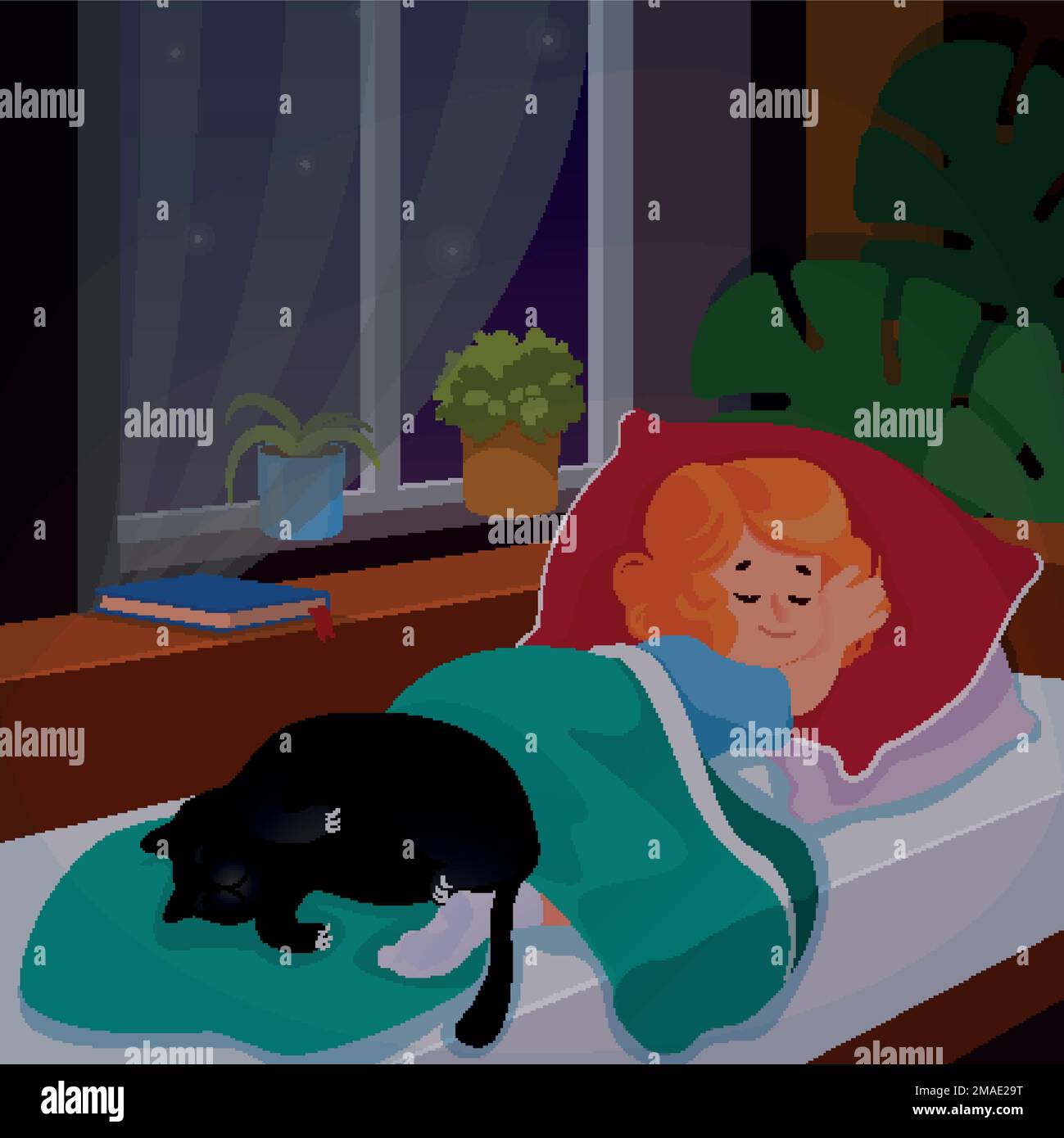 Enfant fille dormant dans sa chambre avec chat la nuit. Illustration vectorielle de dessin animé Illustration de Vecteur