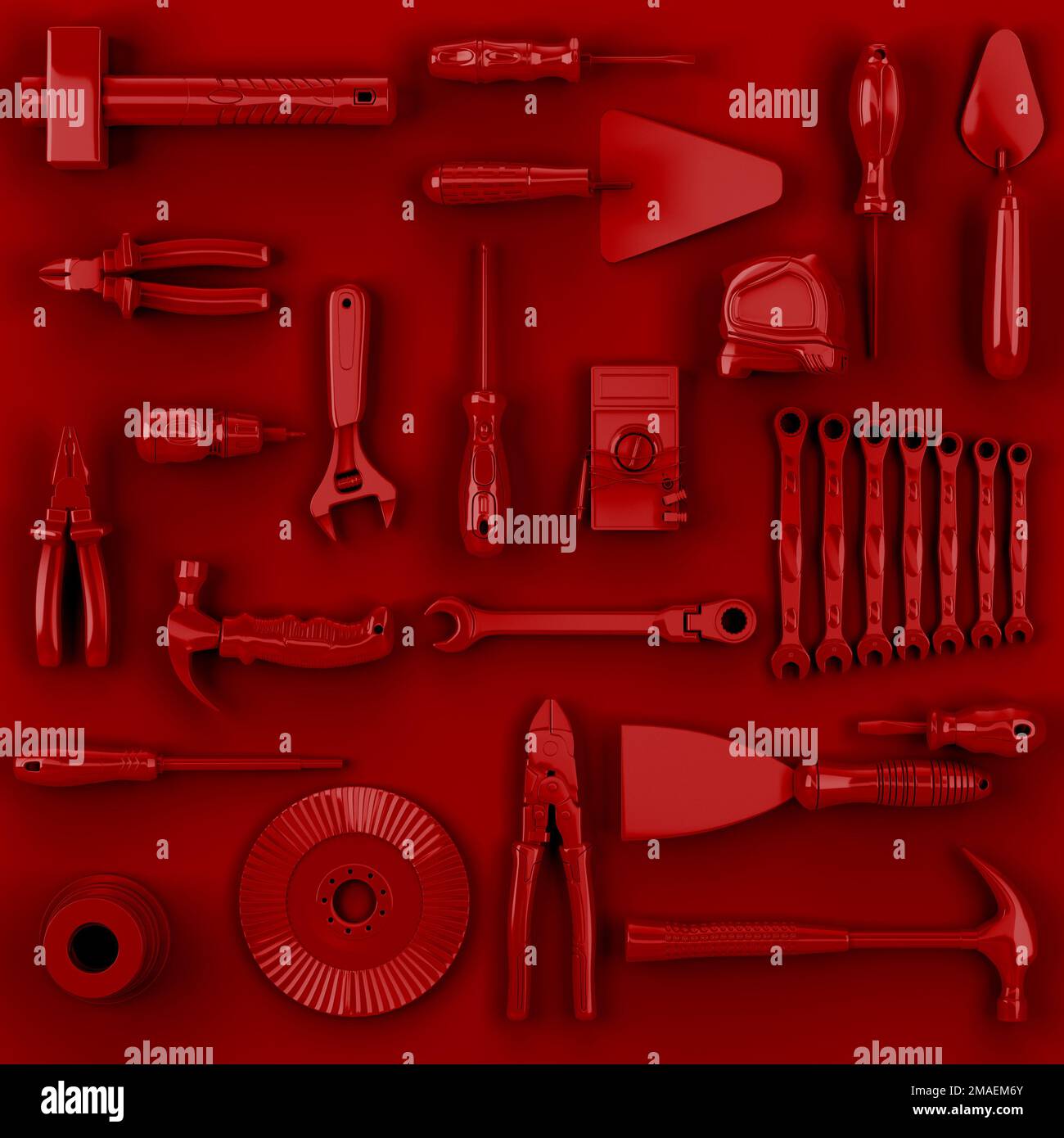 jeu d'outils de couleur rouge arrière-plan concept des outils de réparation promotion d'entrepôt 3d rendu Banque D'Images