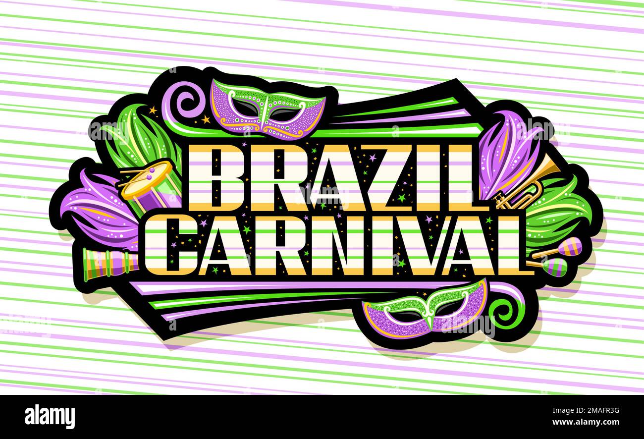 Bannière vectorielle pour le Carnaval du Brésil, affiche horizontale avec illustration du masque vénitien, des instruments de musique, des plumes de carnaval pourpres et une affiche unique Illustration de Vecteur