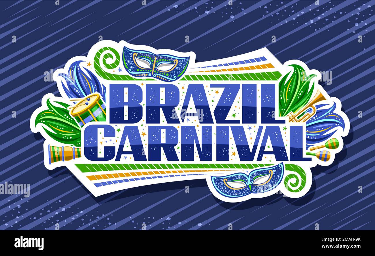 Bannière vectorielle pour le carnaval du Brésil, affiche horizontale avec illustration du masque de venise, instruments de musique, plumes de carnaval, confetti et laque unique Illustration de Vecteur