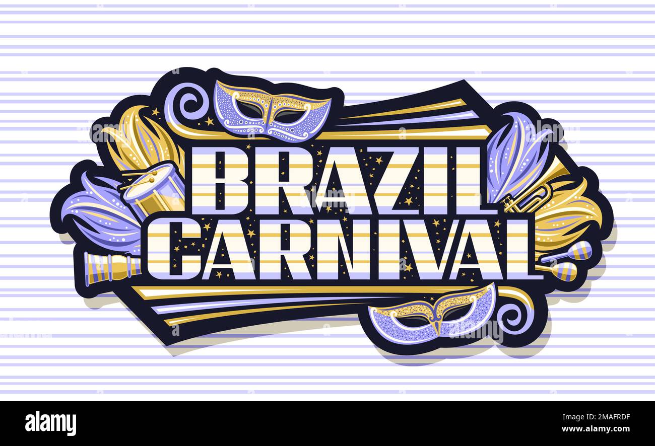 Bannière vectorielle pour le carnaval du Brésil, affiche horizontale avec illustration du masque vénitien, instruments de musique, plumes de carnaval bleu et lettre unique Illustration de Vecteur