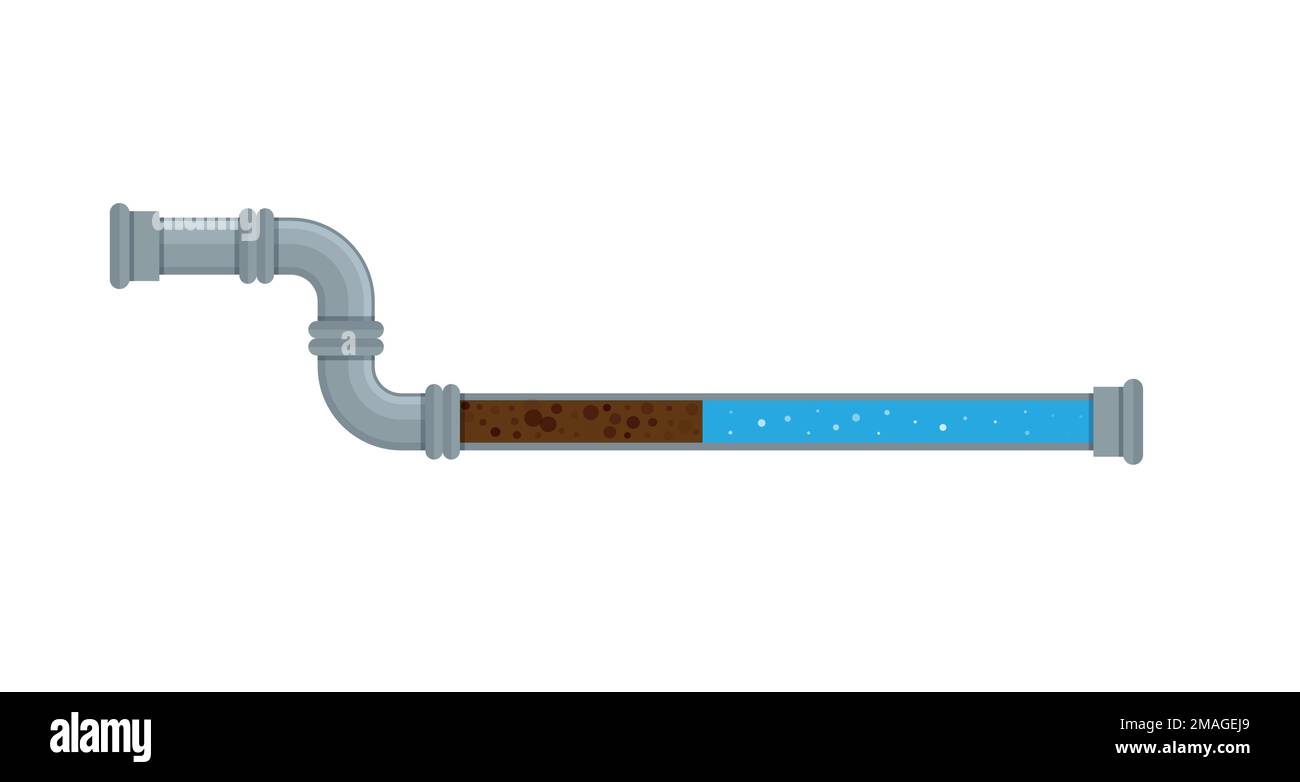 Illustration d'un stock vectoriel avec tuyau obstrué et déchets à  l'intérieur, isolée sur un fond blanc. Le tuyau sectionnel est obstrué, de  la boue d'eau. Un bts plat Image Vectorielle Stock -