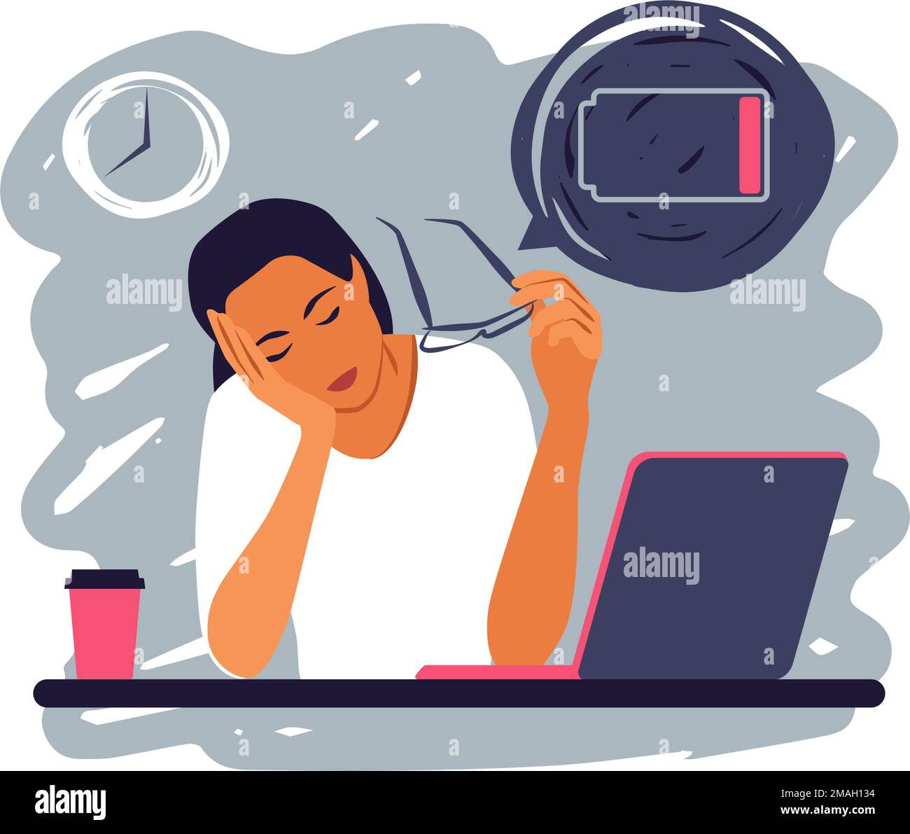 Syndrome d'épuisement professionnel. Femme de direction fatiguée dans le bureau assis à l'ordinateur portable. Concept de journée de travail longue. Illustration vectorielle. Illustration de Vecteur