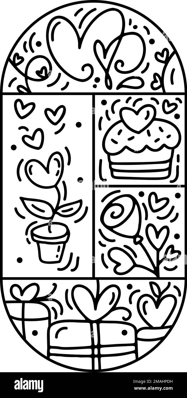 Boîte cadeau de constructeur de composition vectorielle de Saint-Valentin, gâteau, fleurs et coeurs. Logo de vacances d'amour dessiné à la main dans un cadre rond pour carte de voeux, web Illustration de Vecteur