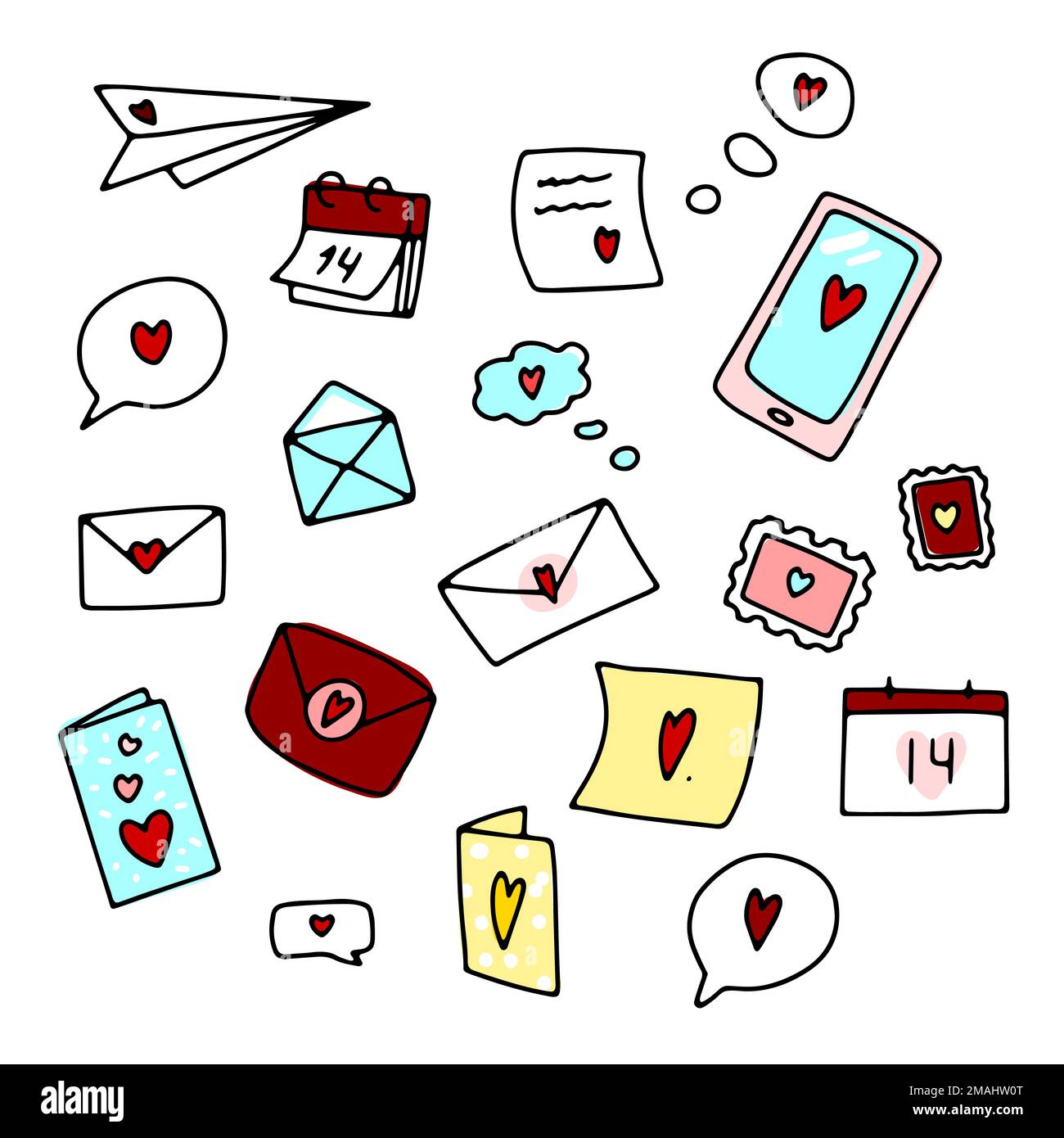 Message d'amour Doodle avec cœur rouge. Lettre dessinée à la main, bulle de la parole, téléphone, autocollant isolé sur fond blanc. Signe de communication, chatti Illustration de Vecteur