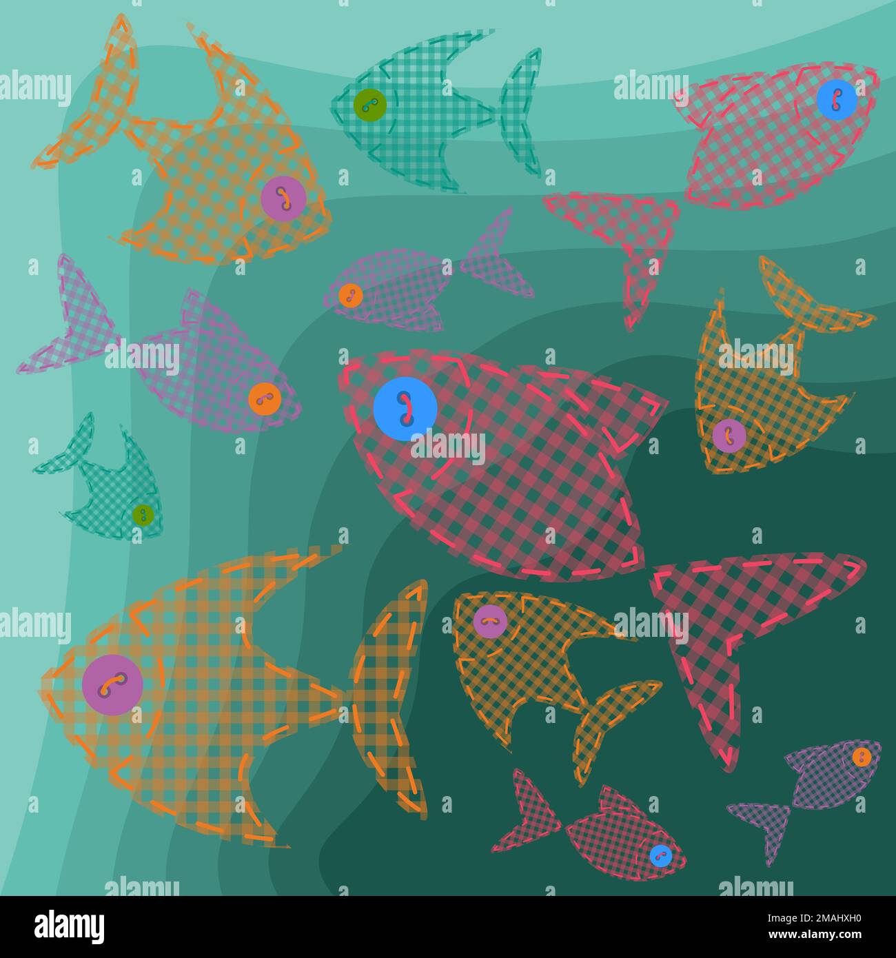 Arrière-plan carré avec de jolis poissons faits à la main avec texture à damier et boutons Illustration de Vecteur