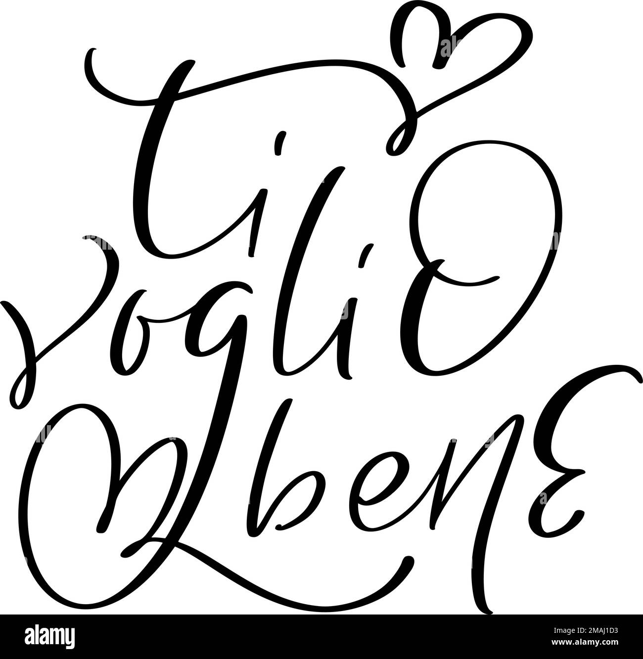 Je t'aime sur l'italien Ti Voglio Bene. Lettre de calligraphie vectorielle noire indiquant le texte de mariage avec cœur. Création d'une citation pour la carte de vœux de Saint-Valentin Illustration de Vecteur