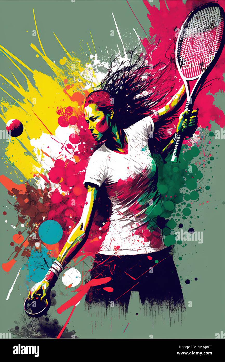 une femme tenant une raquette de tennis sur un fond coloré avec des  éclaboussures de peinture dessus et une balle de tennis dans l'air au  premier plan, avec un b de tennis