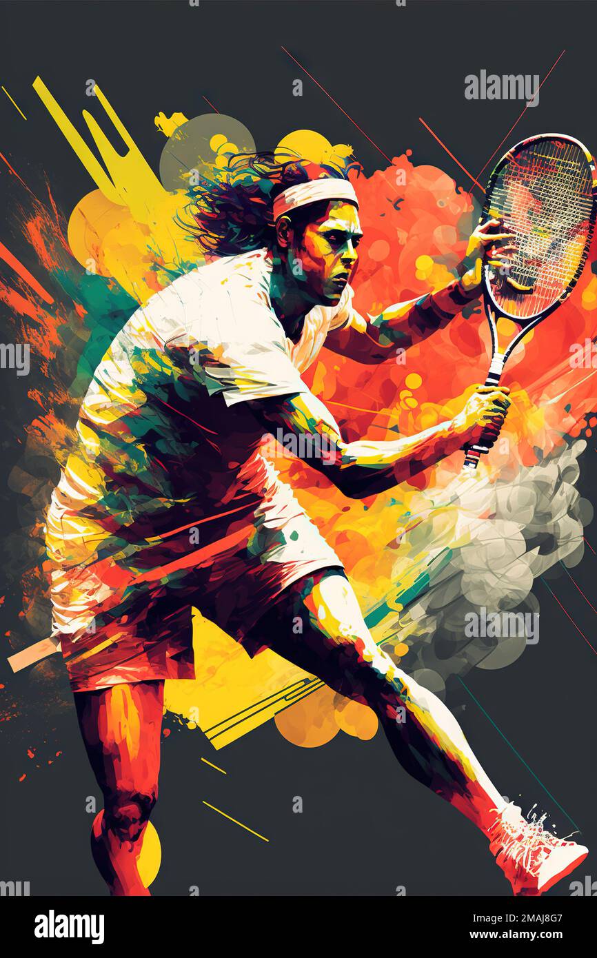 un homme tenant une raquette de tennis sur un court de tennis avec des  éclats de peinture colorés autour de lui et une balle de tennis dans l'air  au-dessus de lui, sur