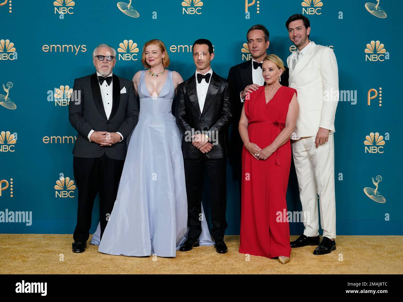 Brian Cox, from left, Sarah Snook, Jeremy Strong, Matthew Macfadyen, J.  Smith-Cameron, and Nicholas Braun, winners of the Emmy for outstanding  drama series for "Succession", pose in the press room at the