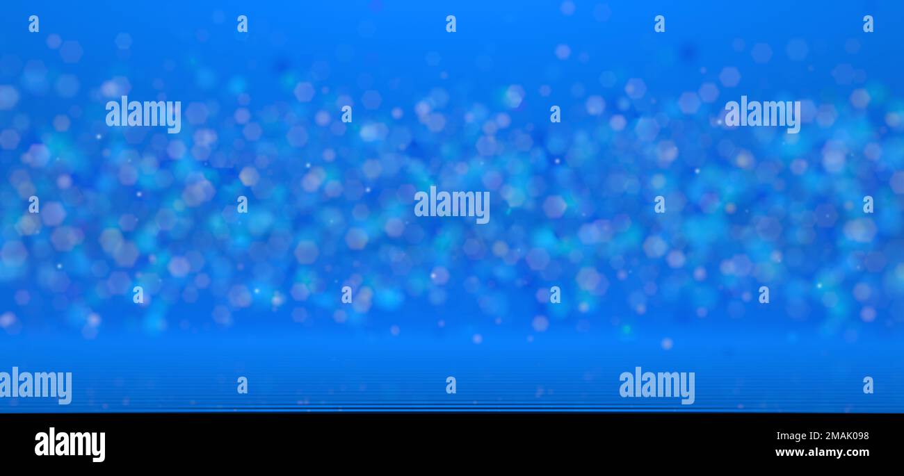 Particules défocacées flottant dans un espace vide sur une surface doublée sur un fond bleu. arrière-plan bokeh. 3D Illustration Banque D'Images