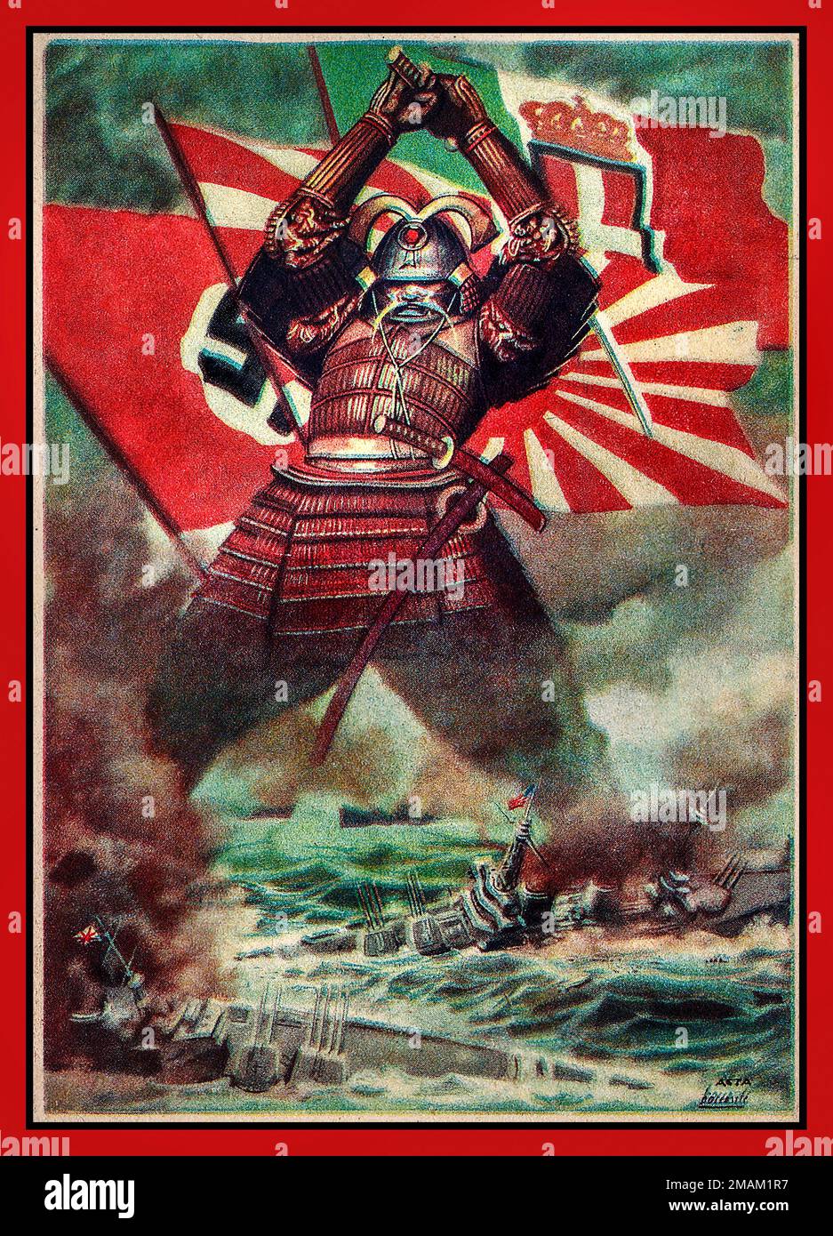 WW2 propagande des forces de l'axe japonaises/japonaises/allemandes en 1943 : un gigantesque guerrier japonais Samurai, soutenu par les forces de l'axe de l'Allemagne nazie, de l'Italie et des drapeaux japonais, détruisant les navires de guerre alliés avec son épée Seconde Guerre mondiale 1940s Banque D'Images