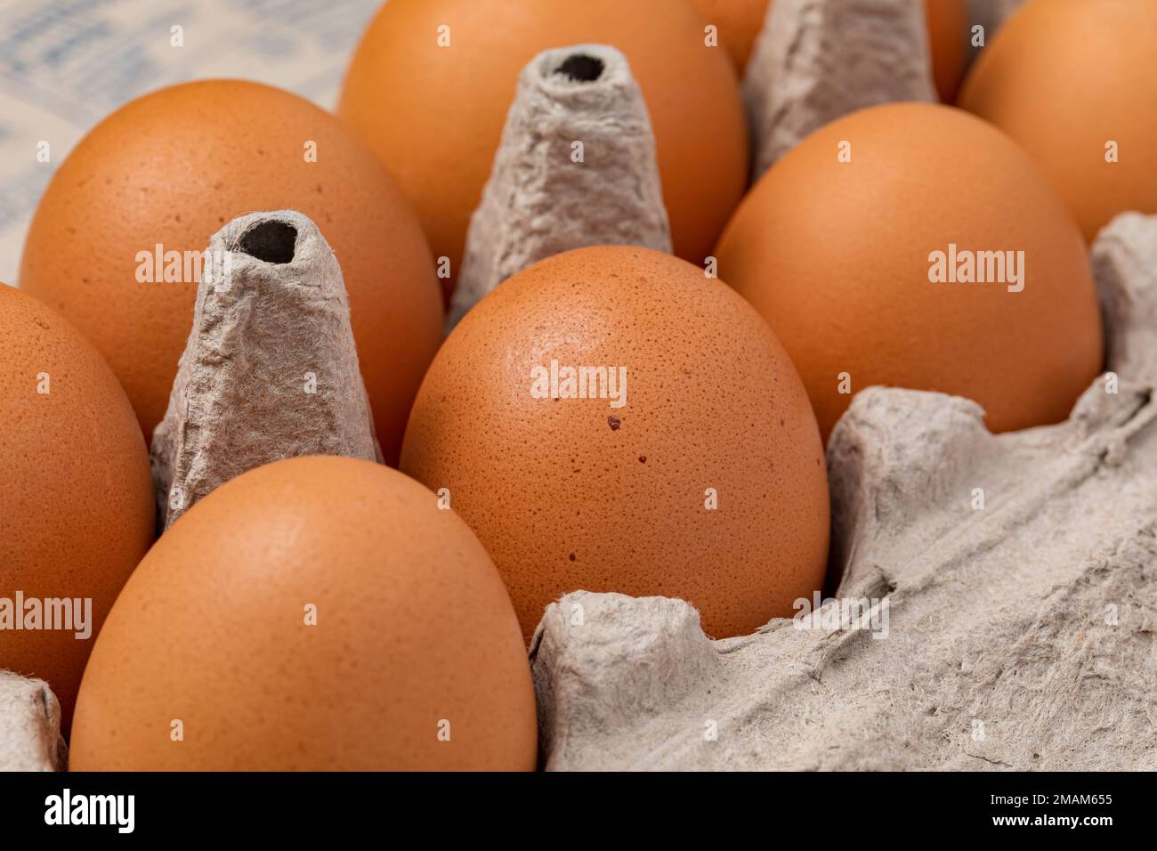 Œufs de poulet frais et bruns en carton. Concept d'agriculture biologique, sans cage et avicole. Banque D'Images