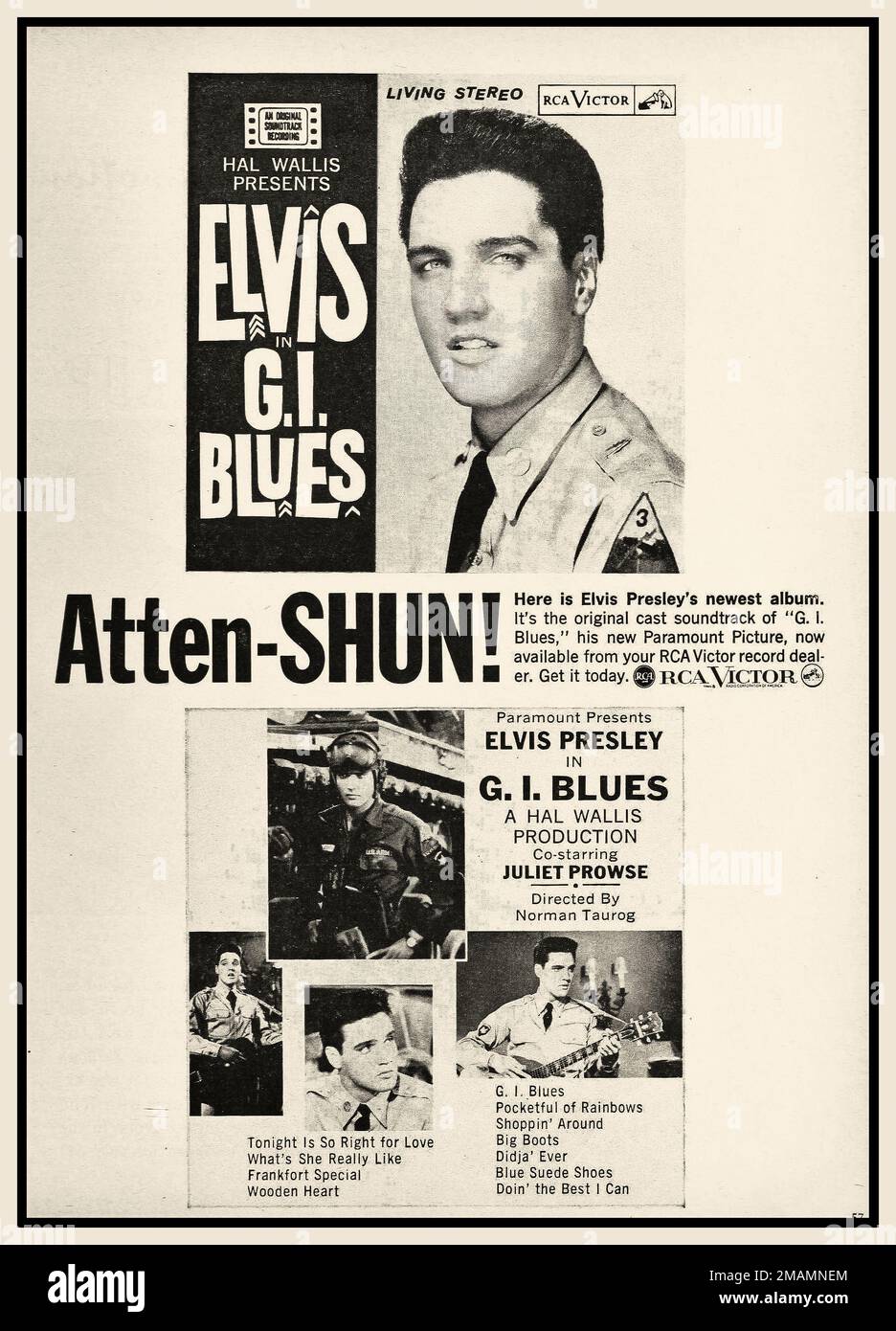GI BLUES ELVIS PRESLEY Vintage Hollywood Magazine article Elvis Presley dans G.I. Blues, 1960. Ecran moderne, Paramount Pictures Hollywood USA Banque D'Images