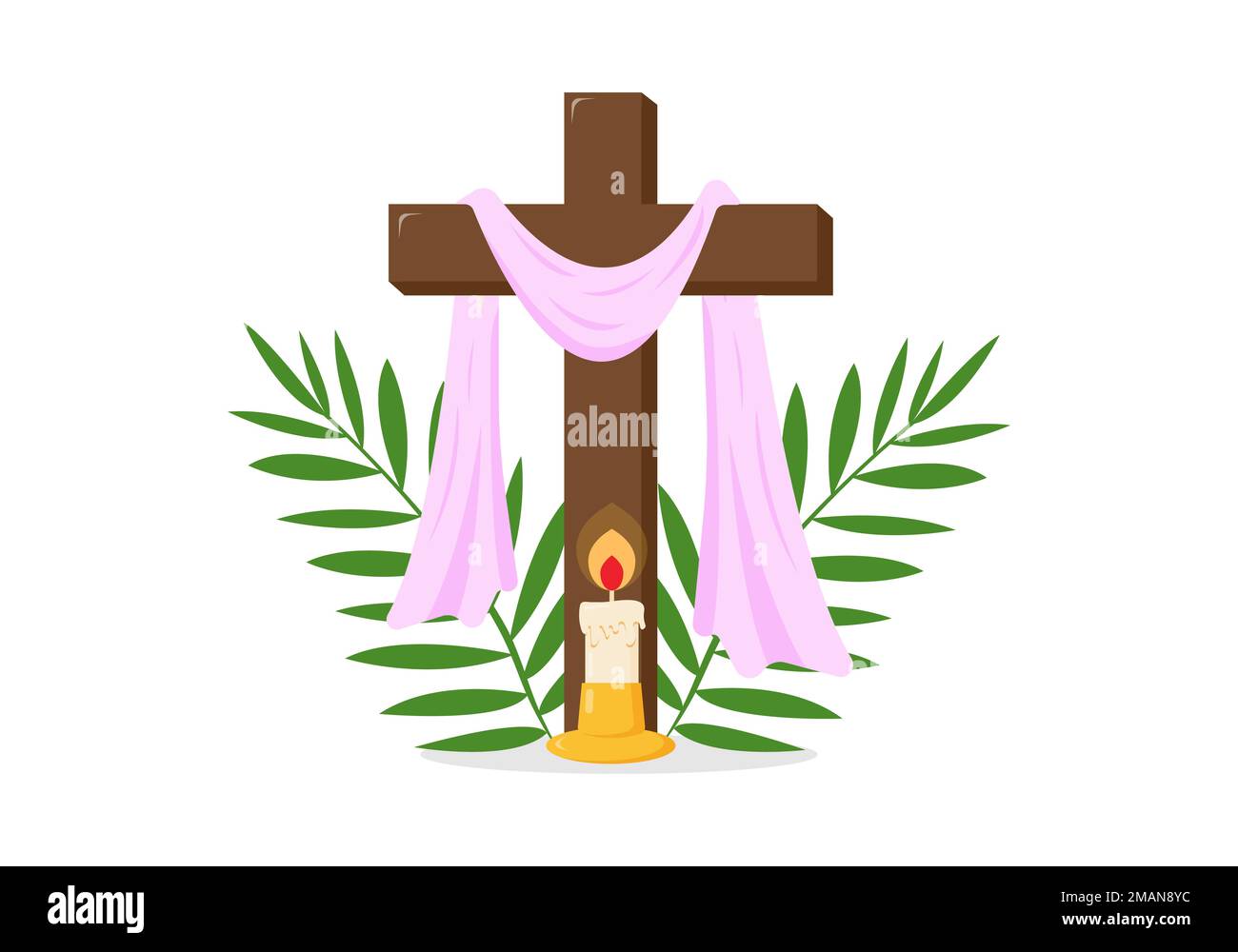 Carte de voeux chrétienne ou bannière de la semaine Sainte avant Pâques. Bougie au feu, croix de Jésus-Christ et branches de palmier. Illustration vectorielle Illustration de Vecteur